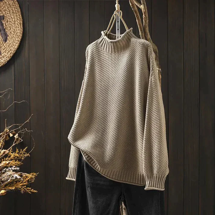 Emma Chunky Knit Sweater with High Turtleneck for Women - Beige