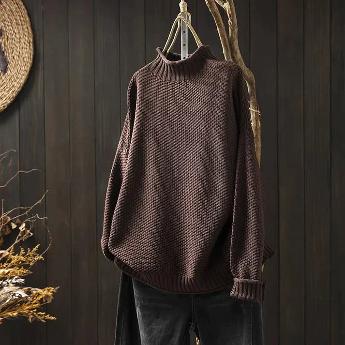 Emma Chunky Knit Sweater with High Turtleneck for Women - Brown