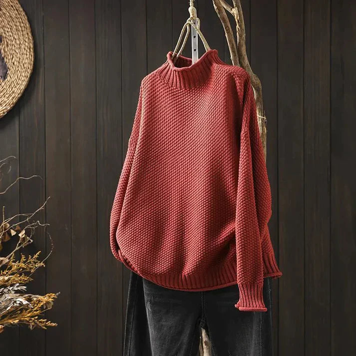Emma Chunky Knit Sweater with High Turtleneck for Women - Red
