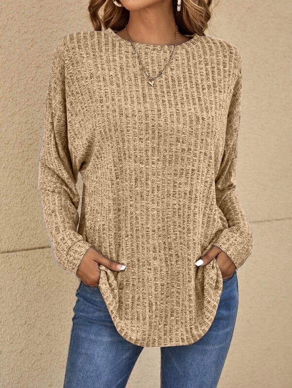 Everly Melange Ribbed Sweater with Crew Neck for Women - Khaki