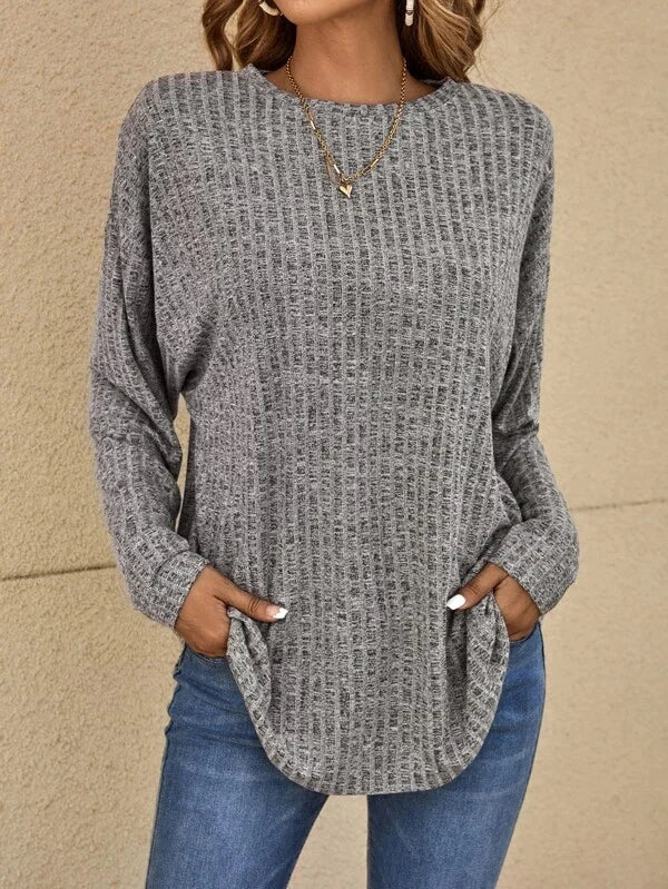 Everly Melange Ribbed Sweater with Crew Neck for Women - Gray