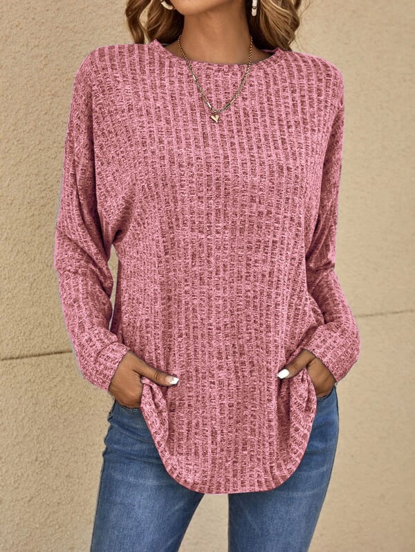 Everly Melange Ribbed Sweater with Crew Neck for Women - Pink