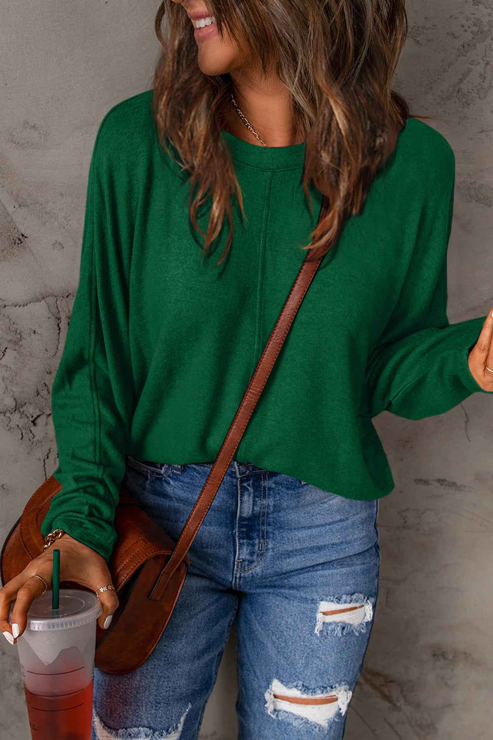 Fiona Oversized Knit Top with Crew Neckline for Women - Green