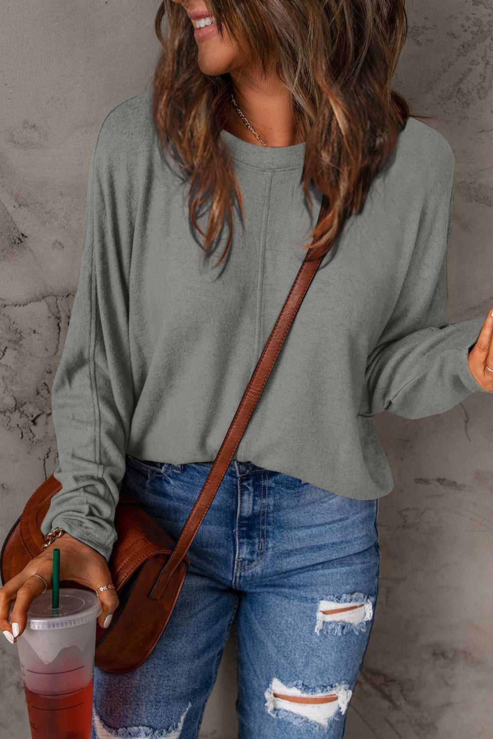 Fiona Oversized Knit Top with Crew Neckline for Women - Heather Gray