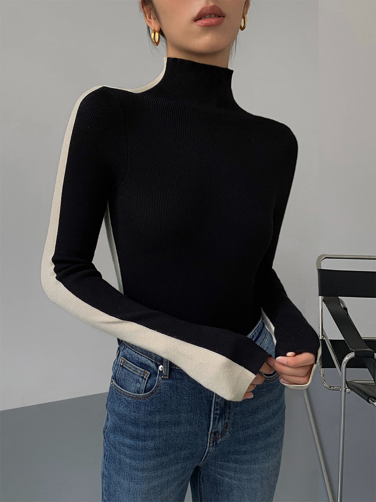 Giselle Fitted Turtleneck Top with Contrast Trim - Black & White