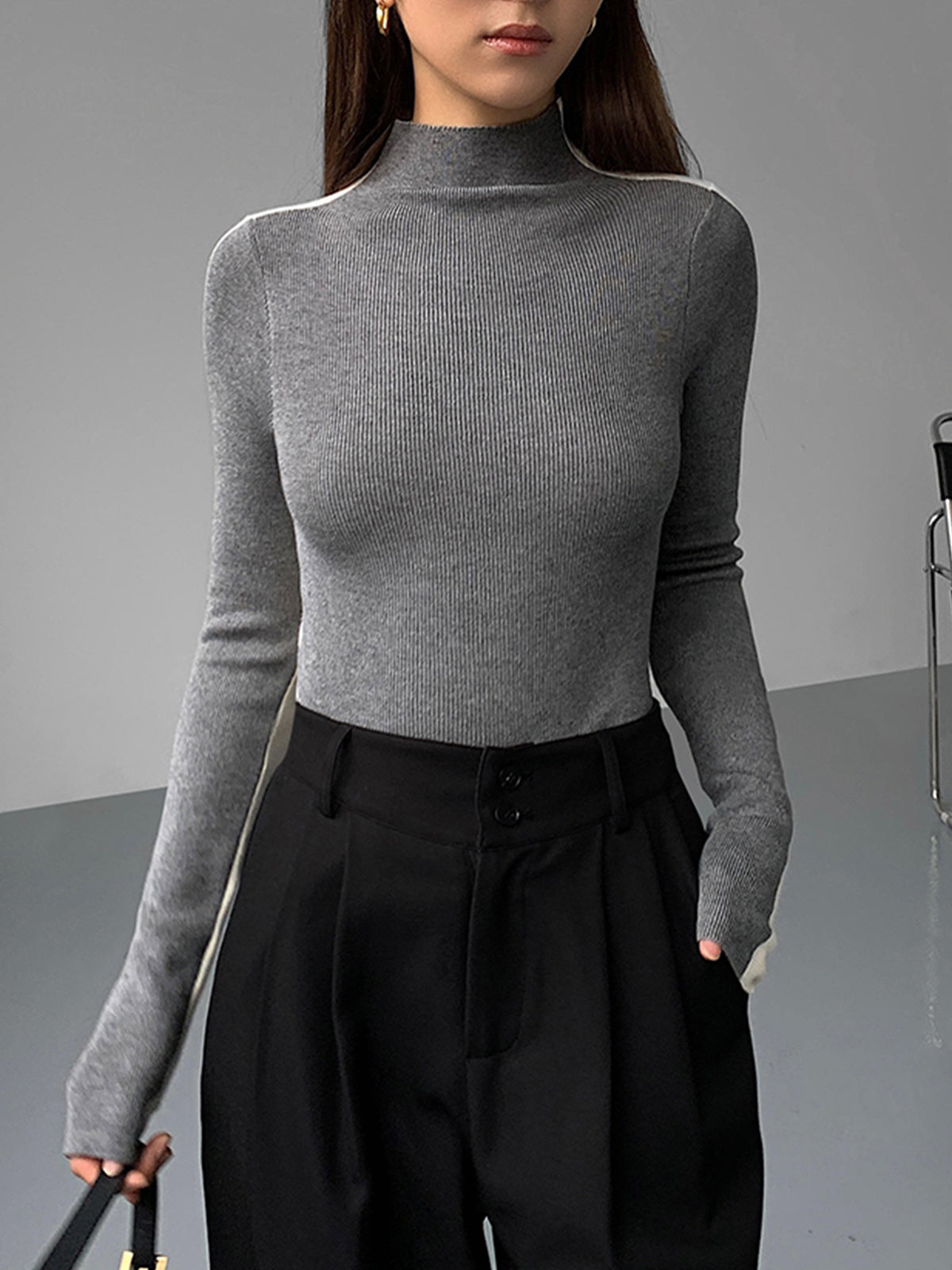 Giselle Fitted Turtleneck Top with Contrast Trim - Gray & White