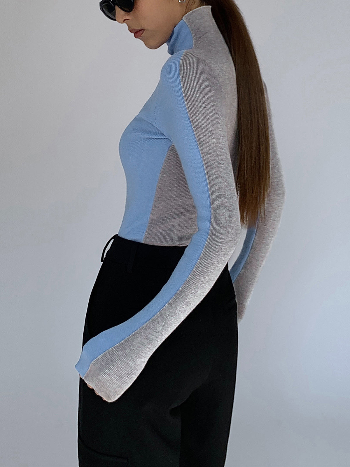 Giselle Fitted Turtleneck Top with Contrast Trim - Blue & Gray