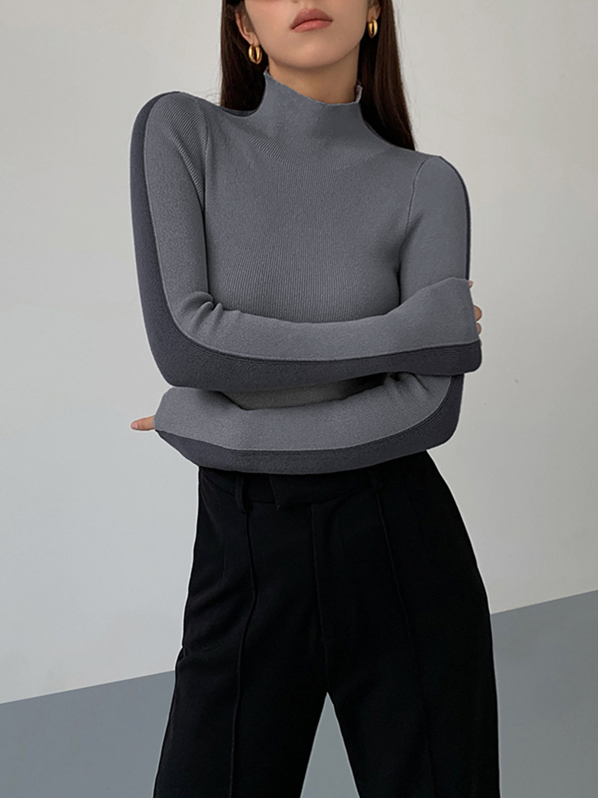 Giselle Fitted Turtleneck Top with Contrast Trim - Gray & Dark Gray