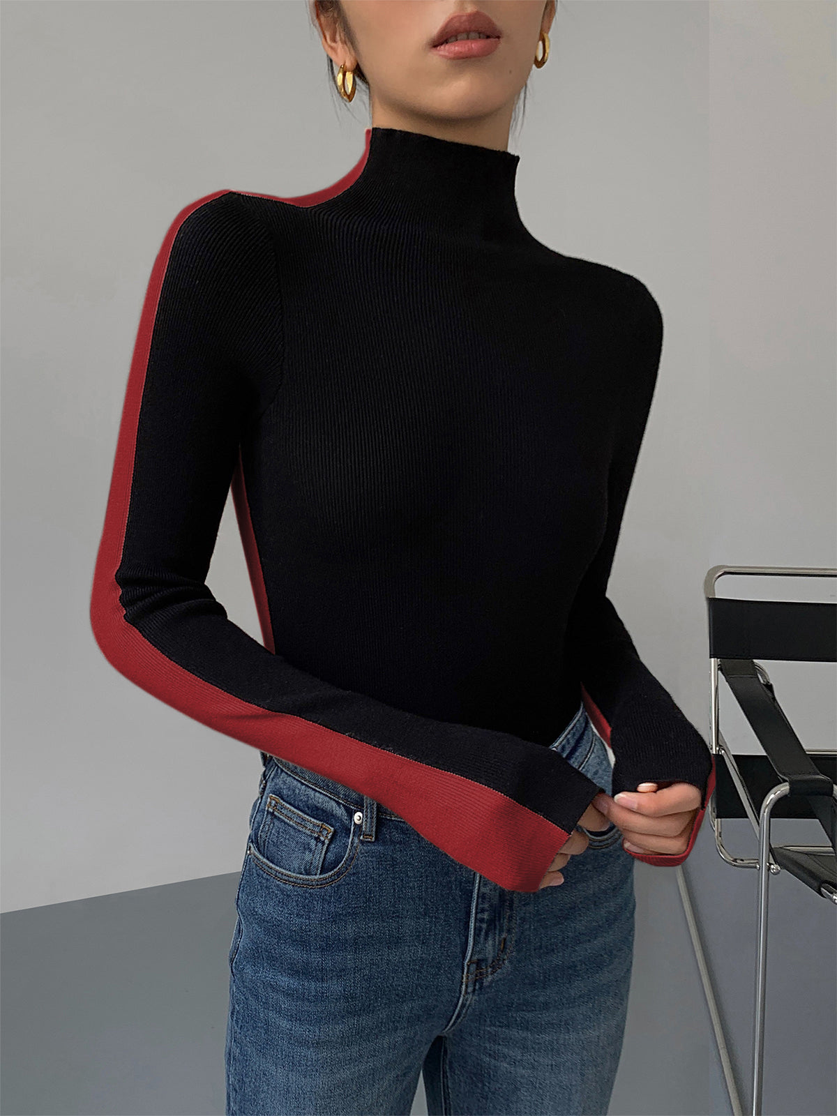 Giselle Fitted Turtleneck Top with Contrast Trim - Black & Red