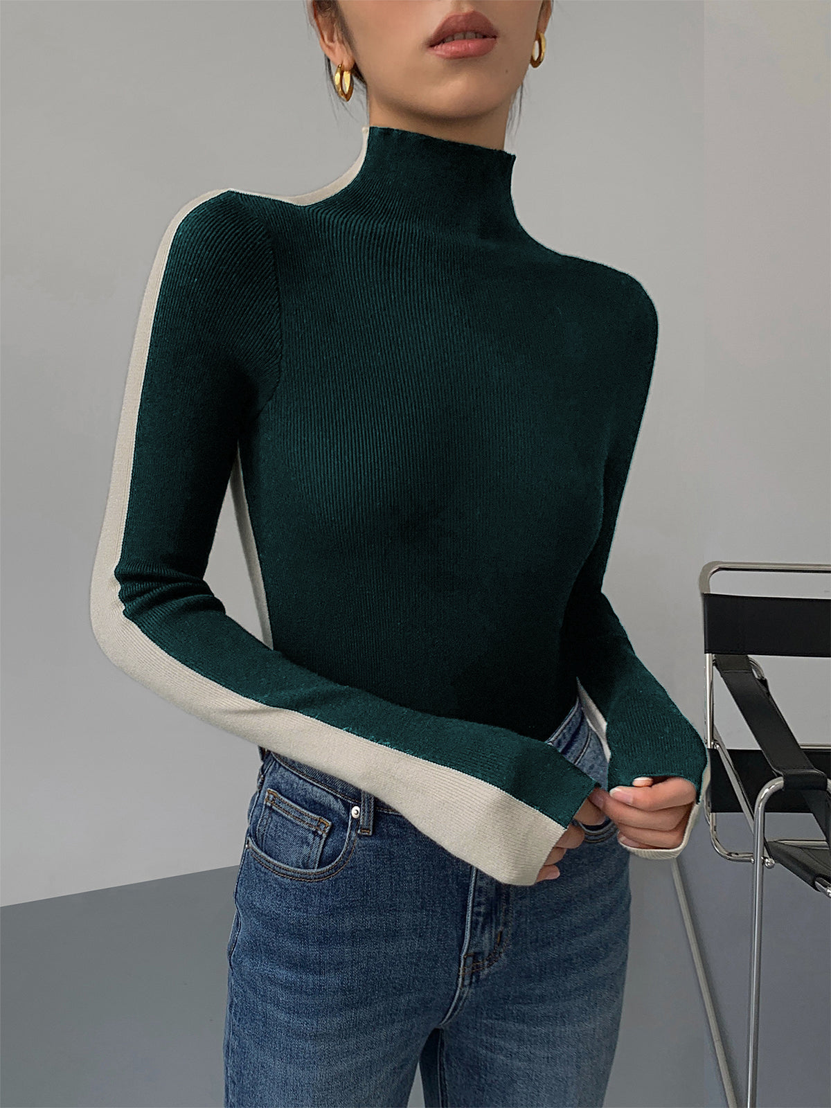 Giselle Fitted Turtleneck Top with Contrast Trim - Dark Green & White