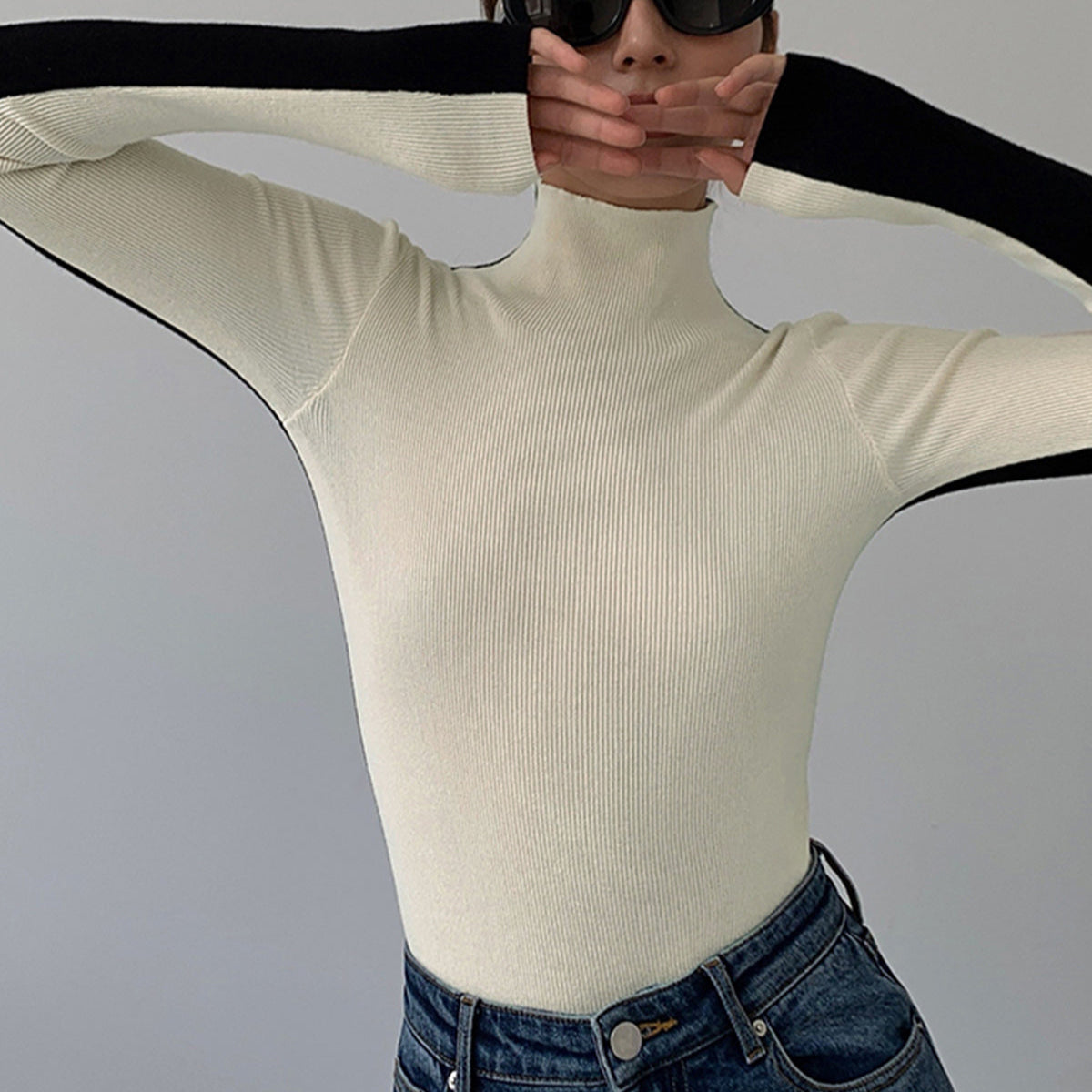 Giselle Fitted Turtleneck Top with Contrast Trim - White & Black