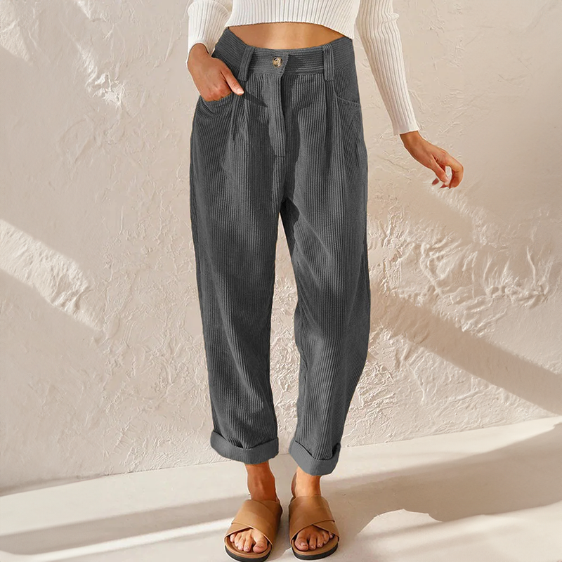 Grace Corduroy Pants with High Waist and Cuffed Hem - Lavender Gray