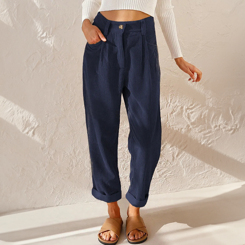 Grace Corduroy Pants with High Waist and Cuffed Hem - Ruby Blue