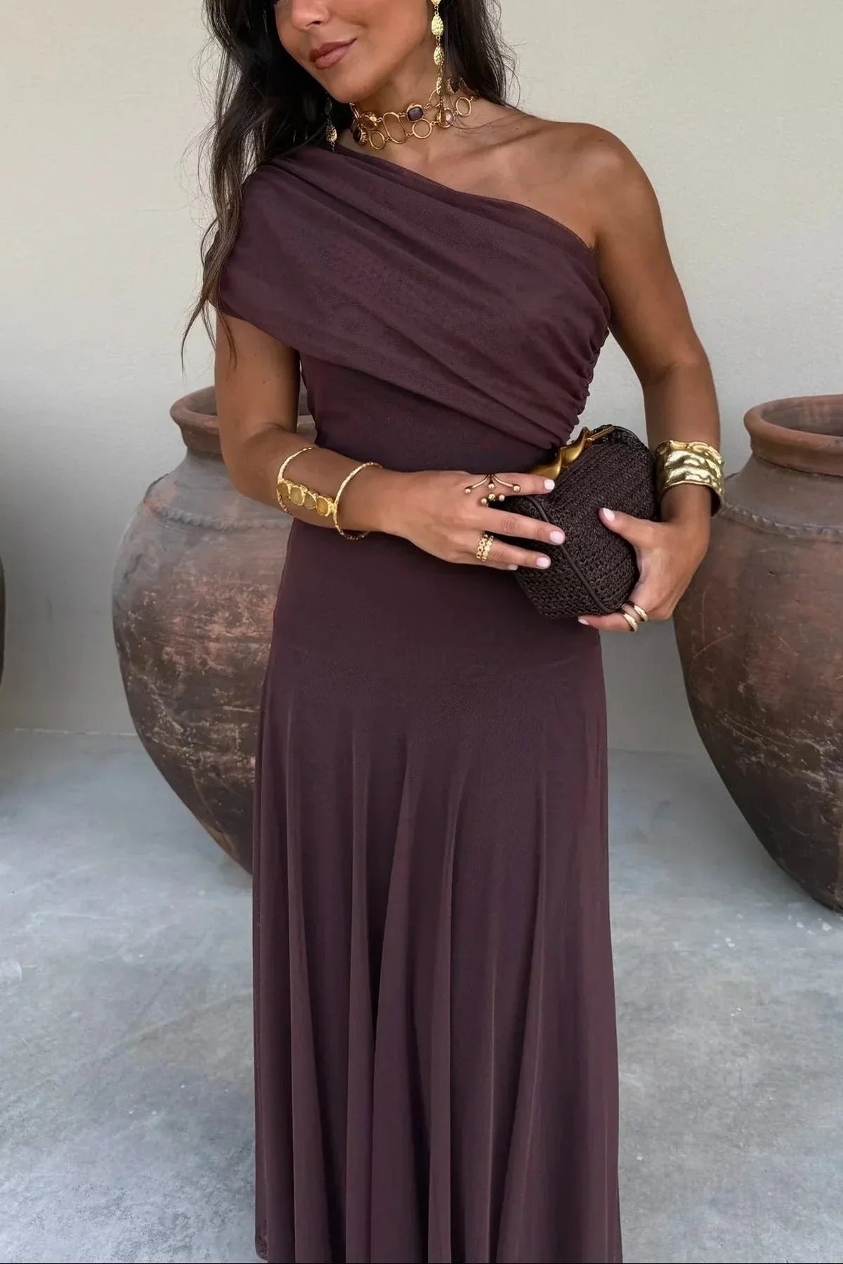 Greta Draped Maxi Dress with One-Shoulder Cut - Brown