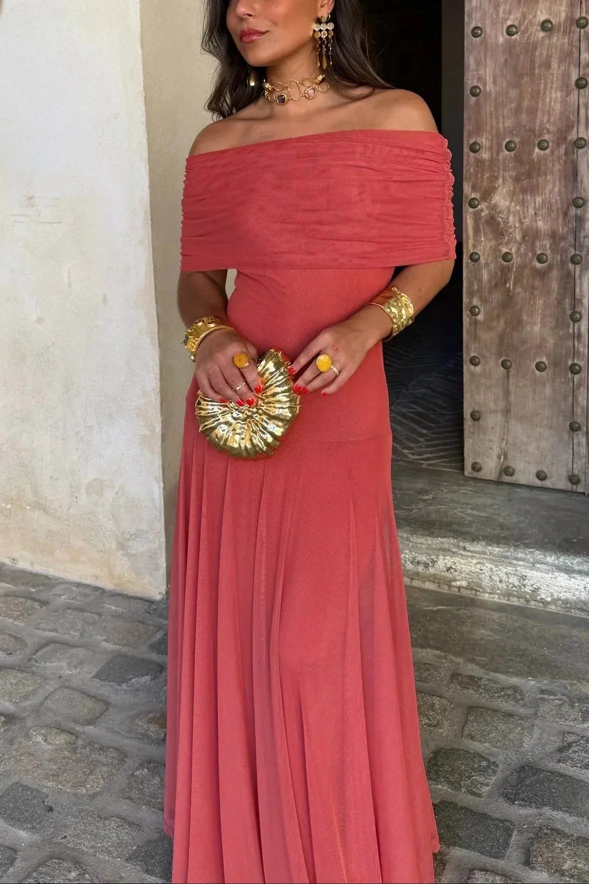 Greta Draped Maxi Dress with One-Shoulder Cut - Red