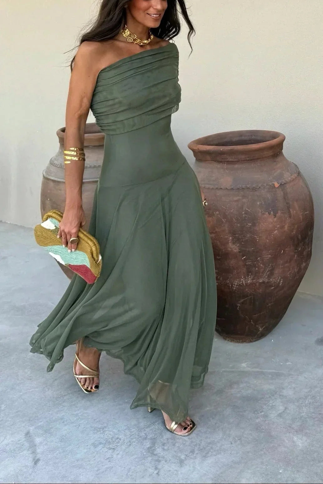 Greta Draped Maxi Dress with One-Shoulder Cut