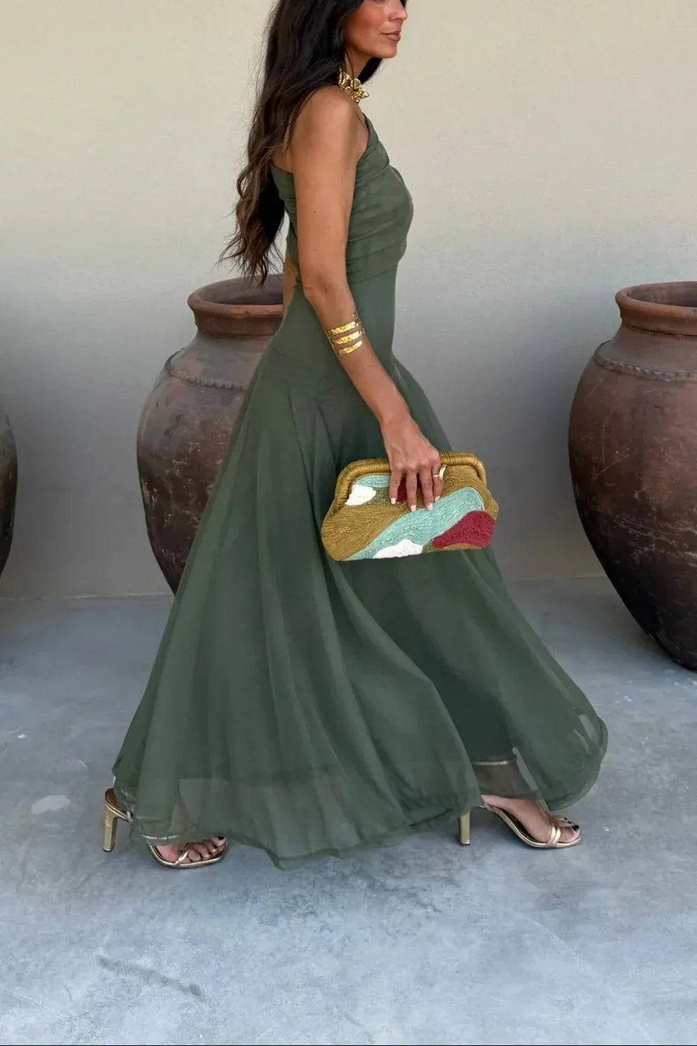Greta Draped Maxi Dress with One-Shoulder Cut