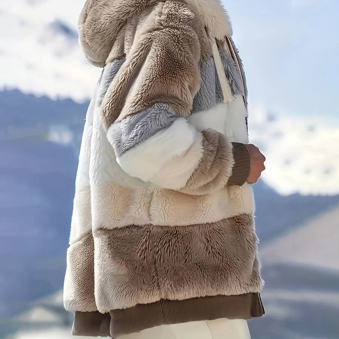 Harriet Teddy Jacket with Hood and Color-Block Stripes