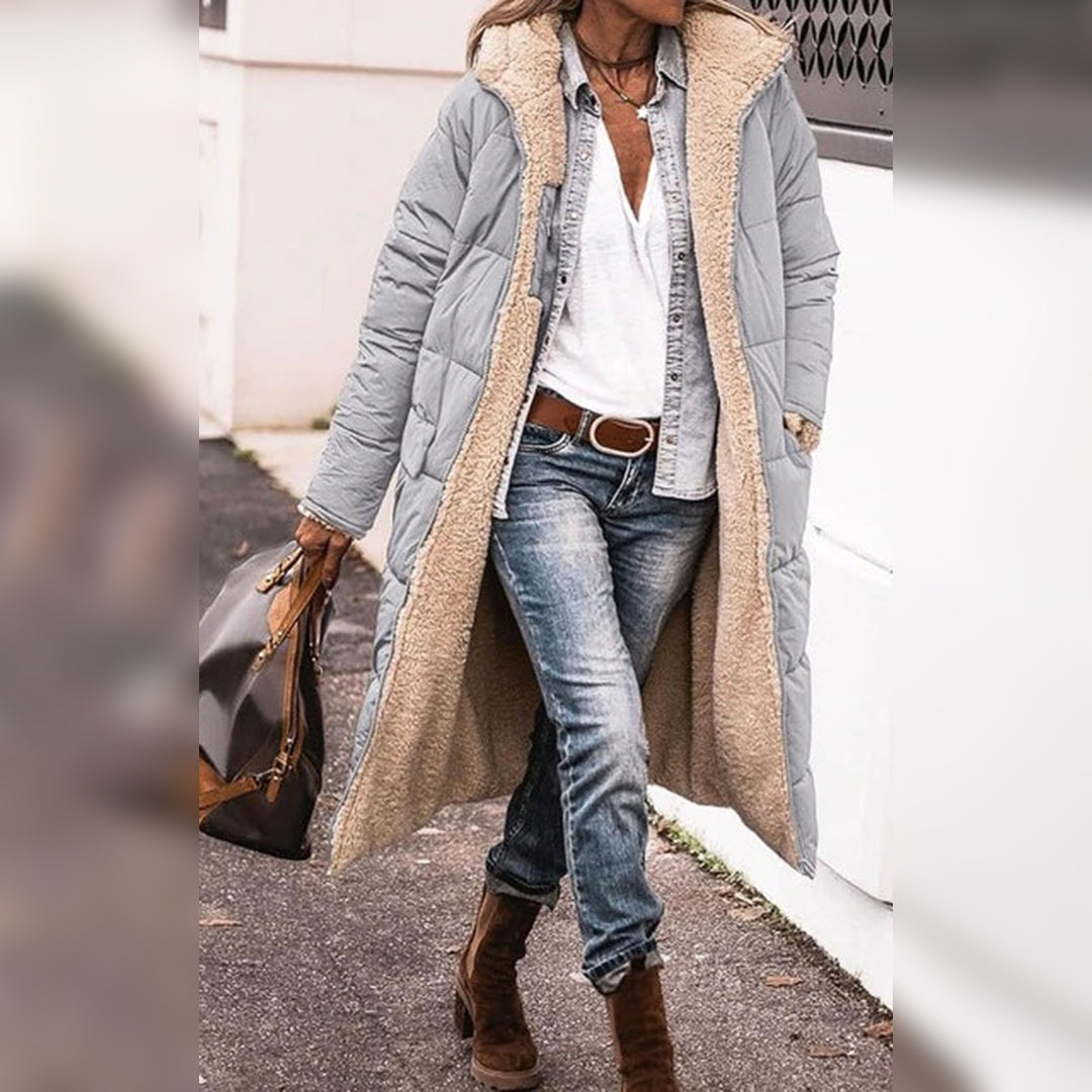 Hazel Quilted Longline Coat with Plush Hood for Women - Gray