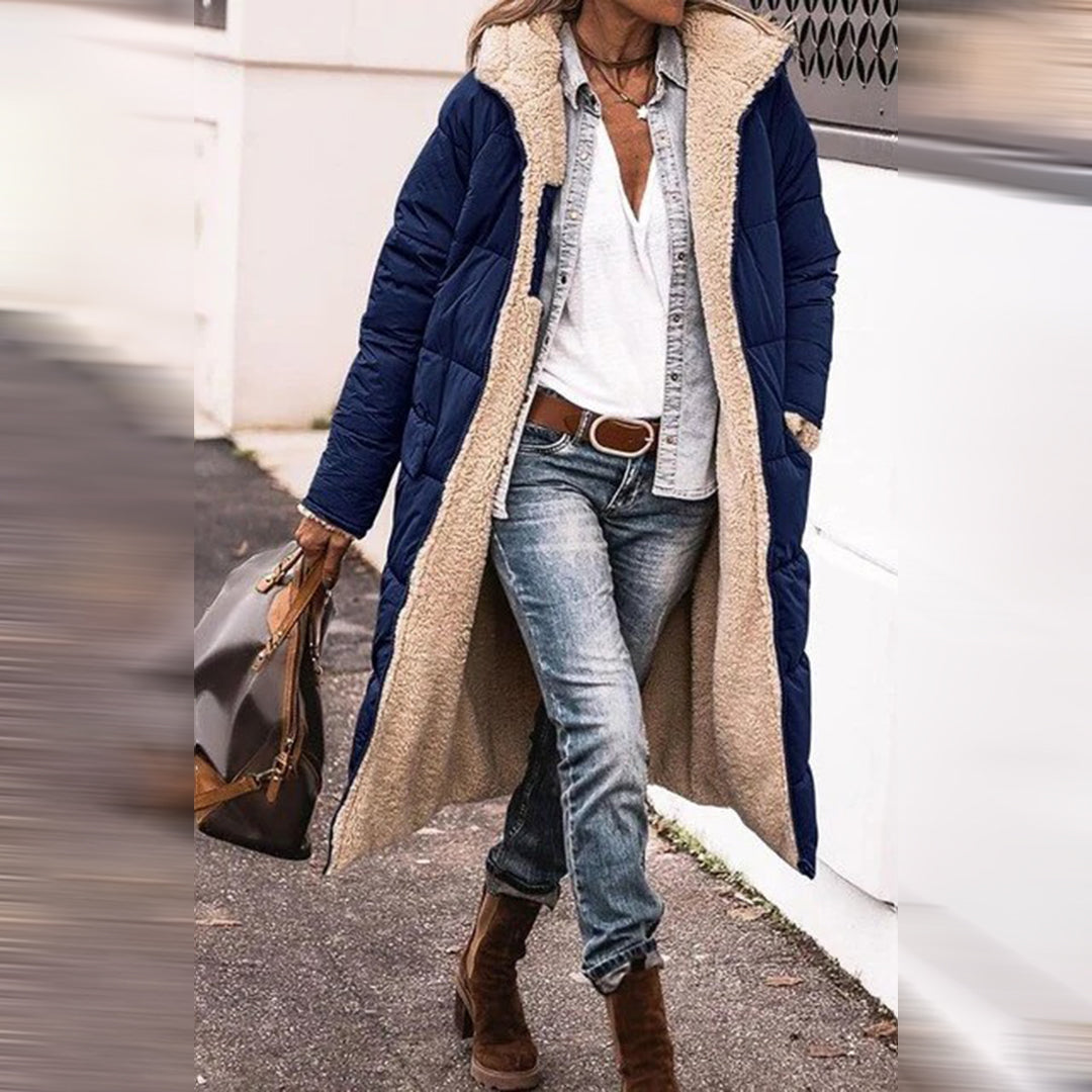 Hazel Quilted Longline Coat with Plush Hood for Women - Navy