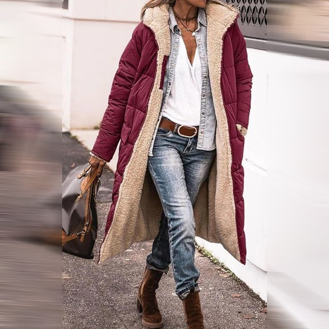 Hazel Quilted Longline Coat with Plush Hood for Women - Wine Red