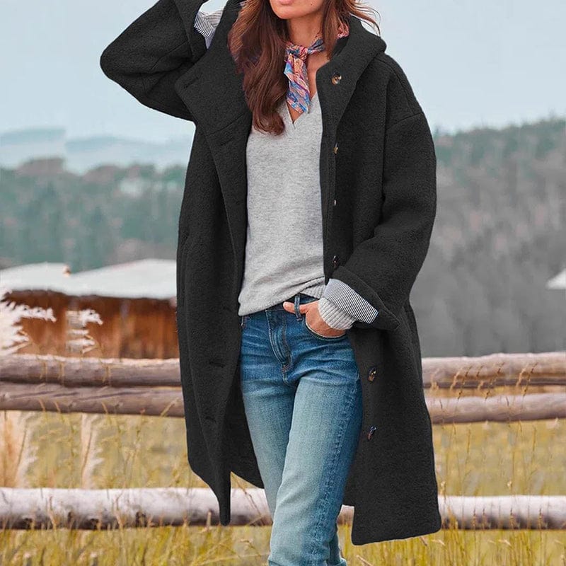 Heidi Teddy Longline Coat with Button Front for Women - Black