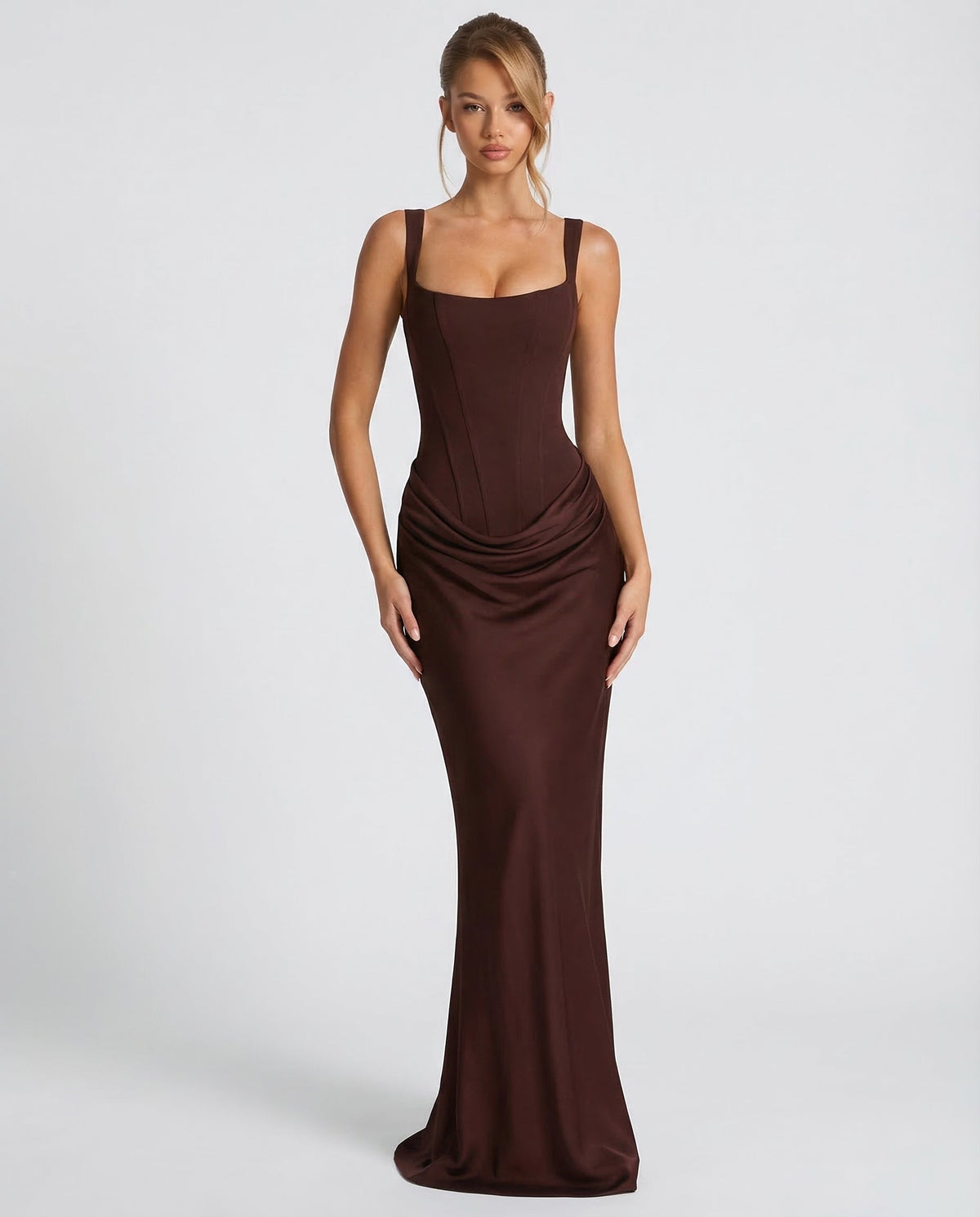 Helene Maxi Dress with Square Neckline and Draped Skirt - Brown