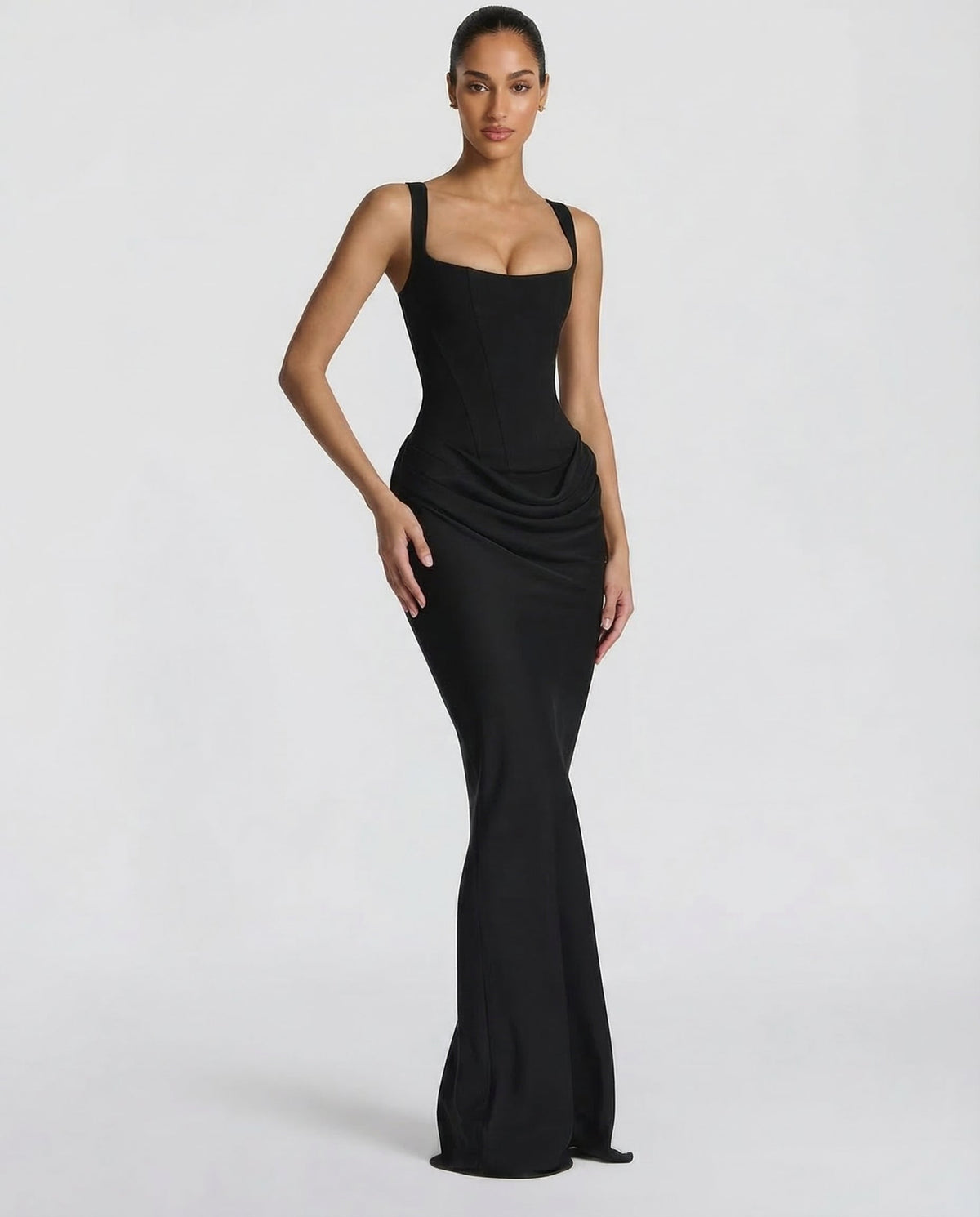 Helene Maxi Dress with Square Neckline and Draped Skirt - Black