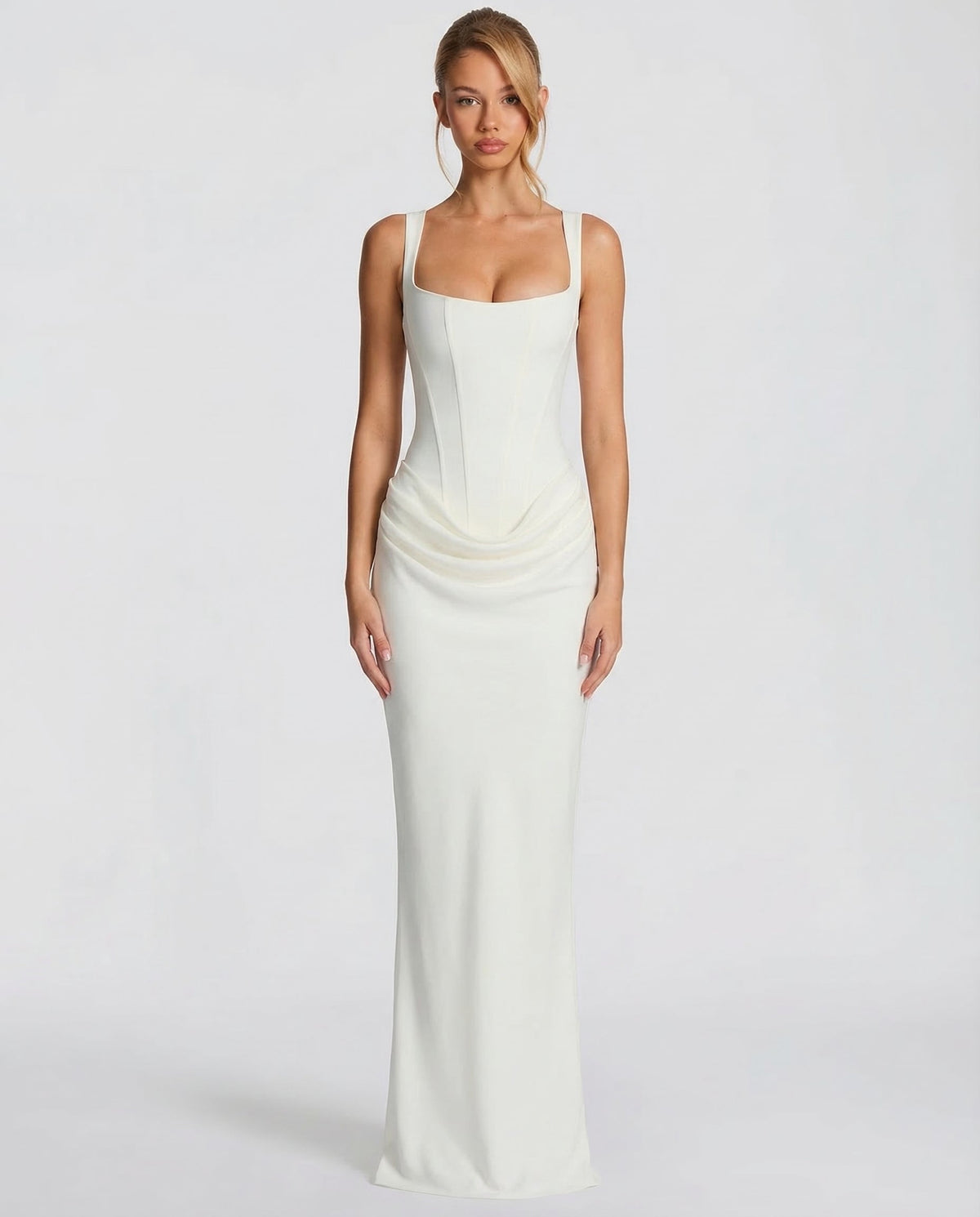 Helene Maxi Dress with Square Neckline and Draped Skirt - Ivory
