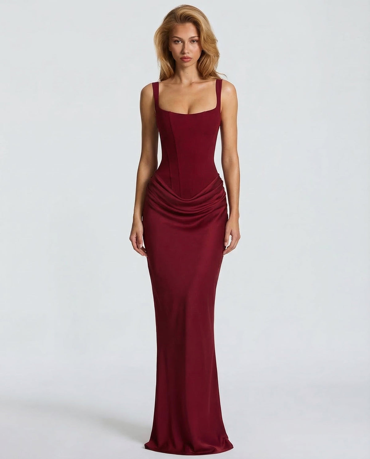 Helene Maxi Dress with Square Neckline and Draped Skirt - Burgundy