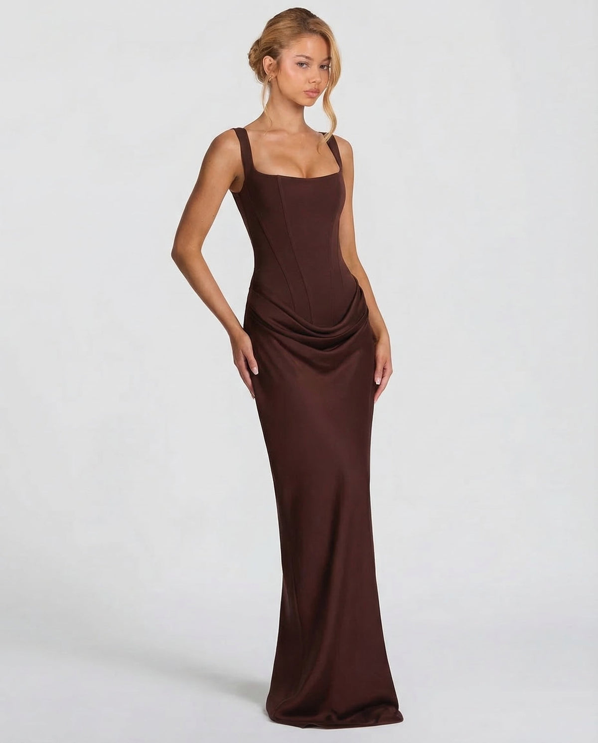 Helene Maxi Dress with Square Neckline and Draped Skirt
