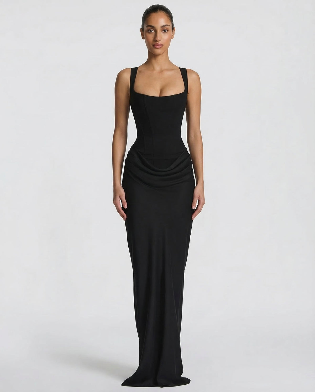 Helene Maxi Dress with Square Neckline and Draped Skirt
