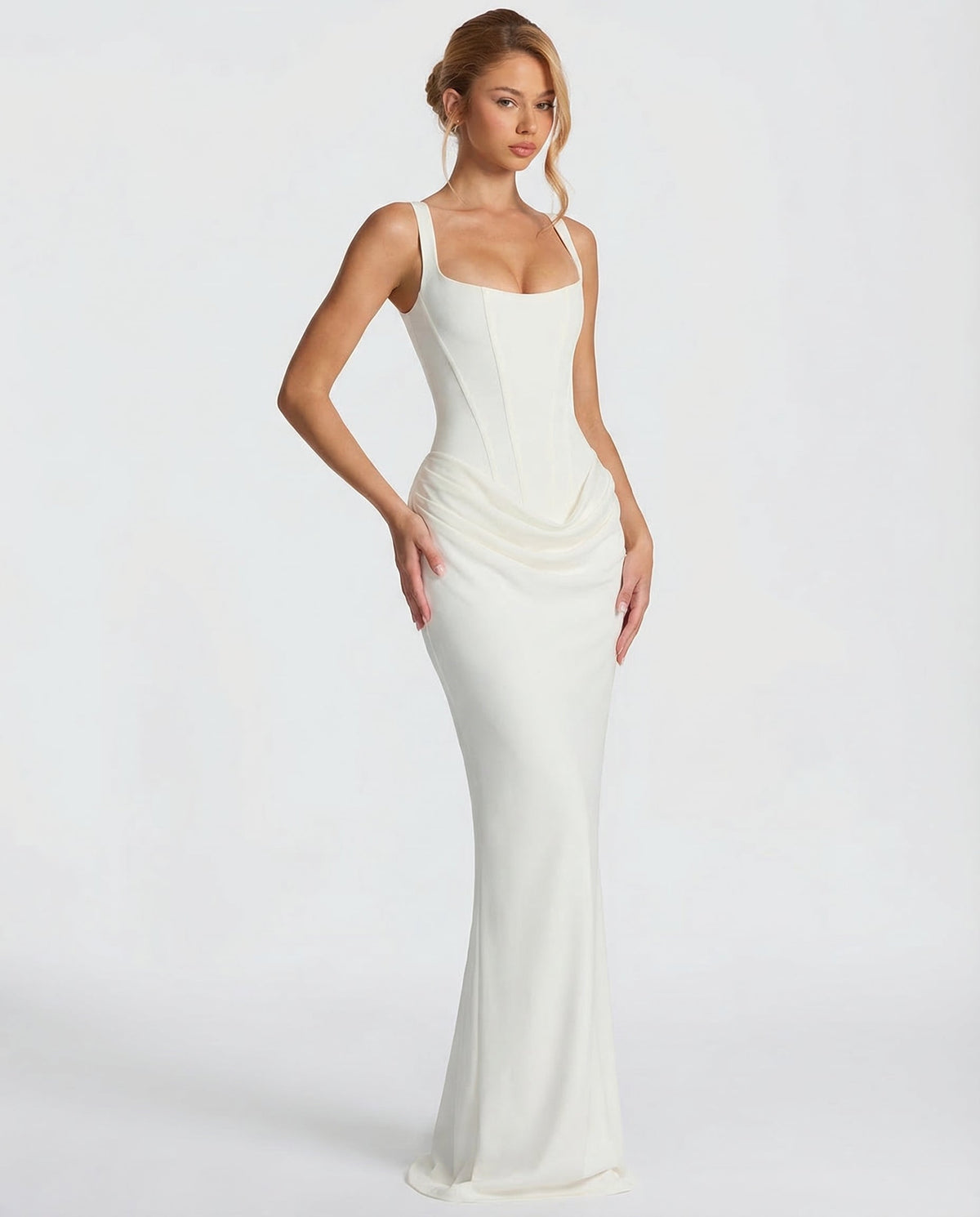 Helene Maxi Dress with Square Neckline and Draped Skirt
