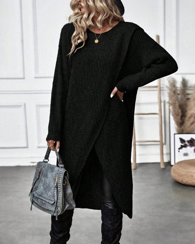 Imogen Knit Sweater Dress with Wrap Hem for Women - Black