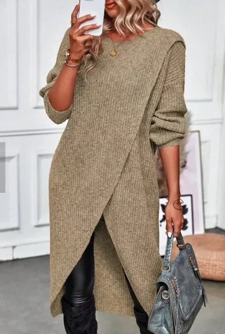Imogen Knit Sweater Dress with Wrap Hem for Women - Khaki