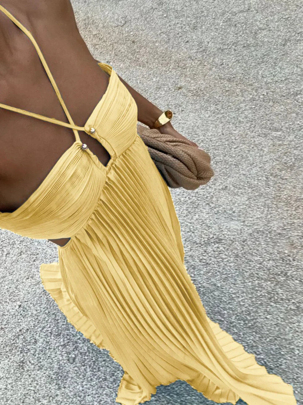 Iris Pleated Dress with Halter Neckline and Ruffle Hem - Yellow