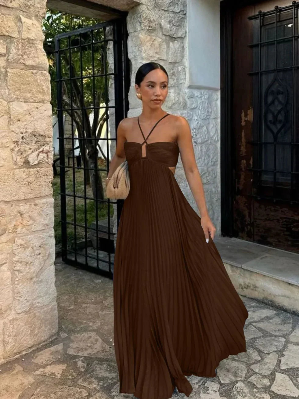 Iris Pleated Dress with Halter Neckline and Ruffle Hem - Brown