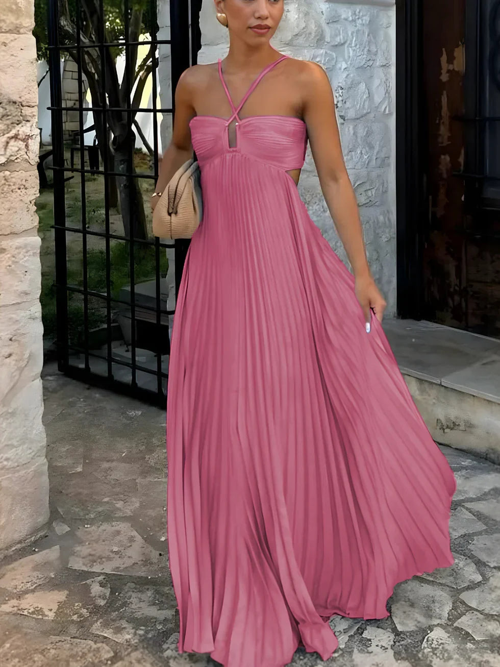 Iris Pleated Dress with Halter Neckline and Ruffle Hem - Pink