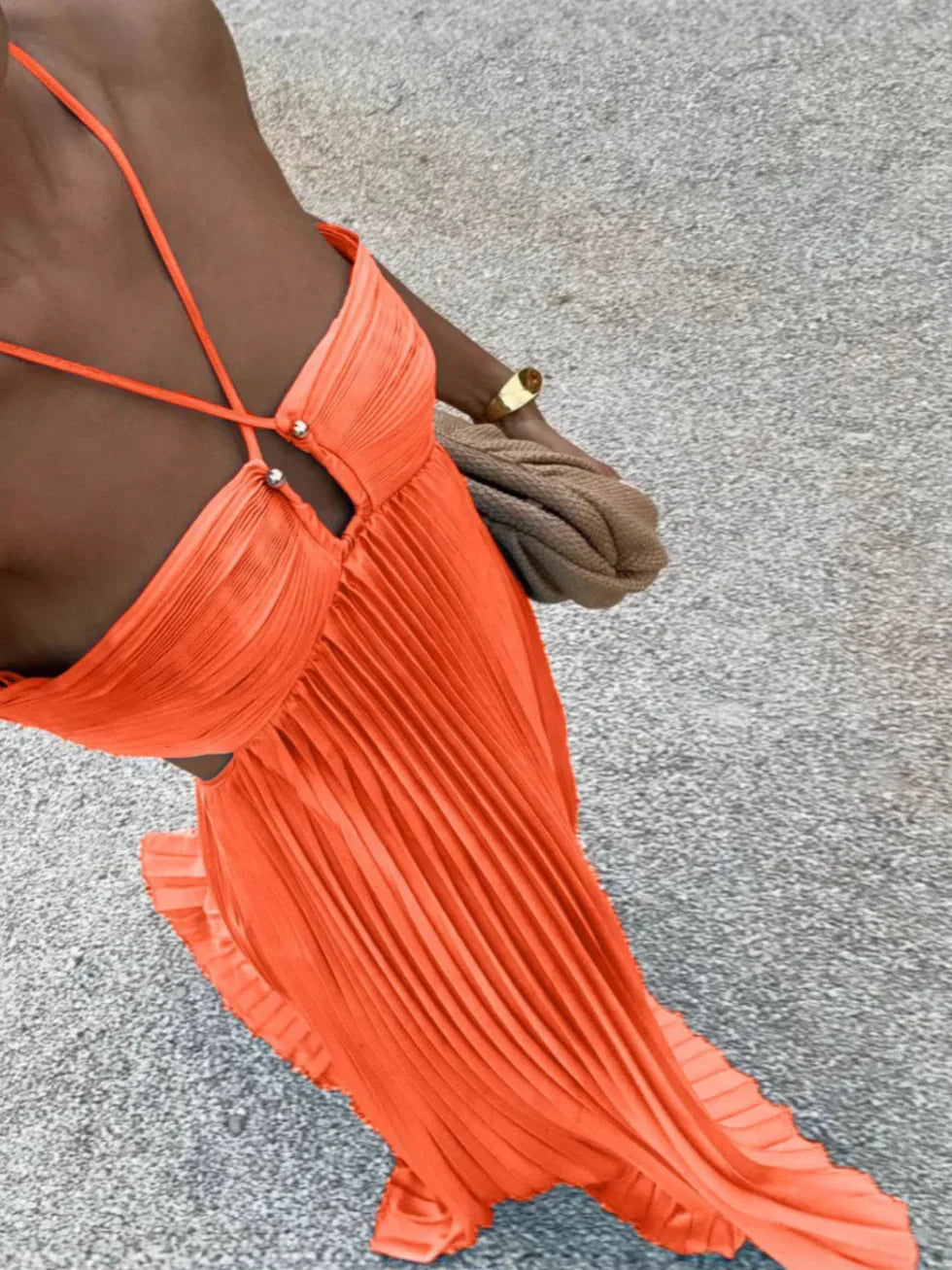 Iris Pleated Dress with Halter Neckline and Ruffle Hem - Orange