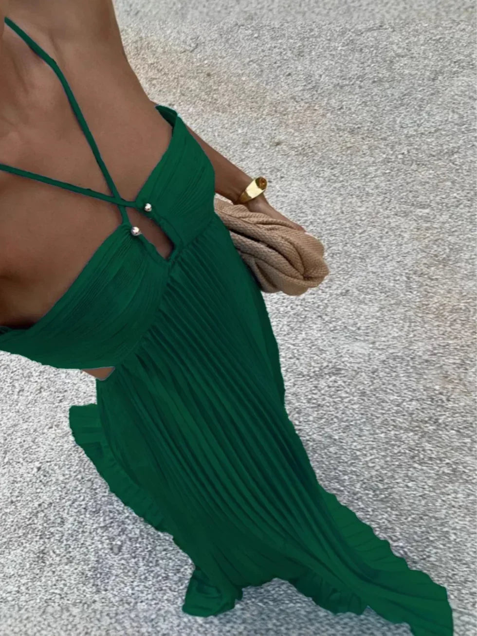 Iris Pleated Dress with Halter Neckline and Ruffle Hem - Green