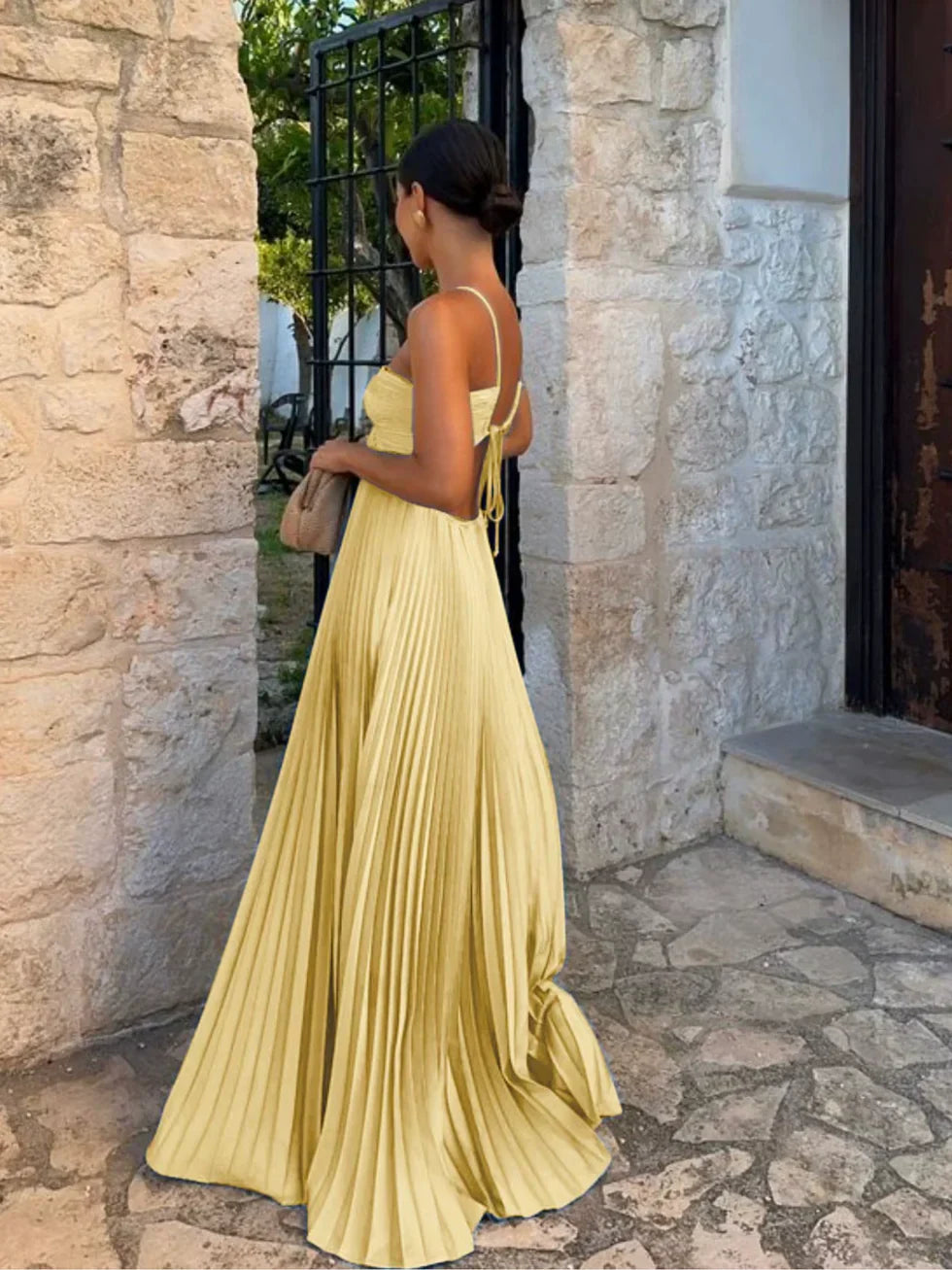 Iris Pleated Dress with Halter Neckline and Ruffle Hem