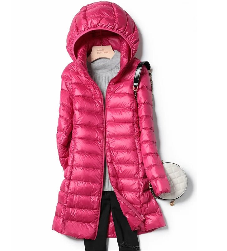 Jasmine Quilted Longline Jacket with Hood for Women - Pink