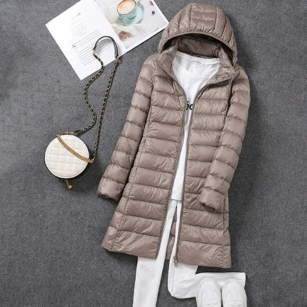 Jasmine Quilted Longline Jacket with Hood for Women - Khaki