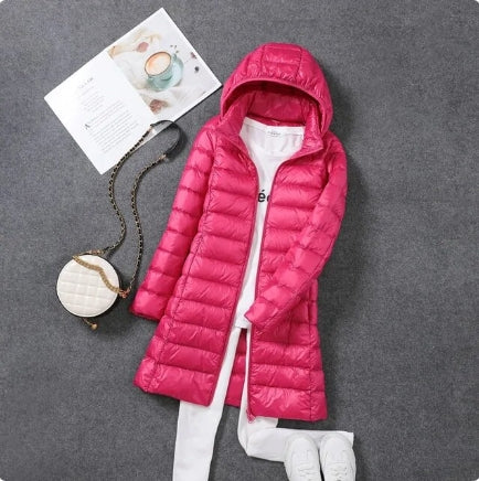 Jasmine Quilted Longline Jacket with Hood for Women - Red