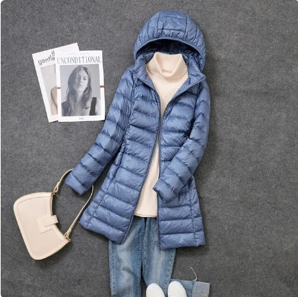 Jasmine Quilted Longline Jacket with Hood for Women - Blue
