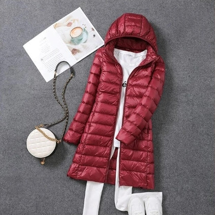 Jasmine Quilted Longline Jacket with Hood for Women - Bordeaux Red