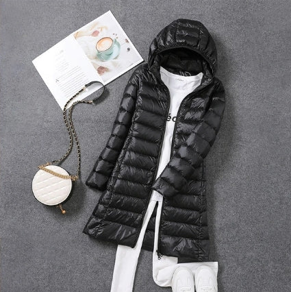 Jasmine Quilted Longline Jacket with Hood for Women - Black