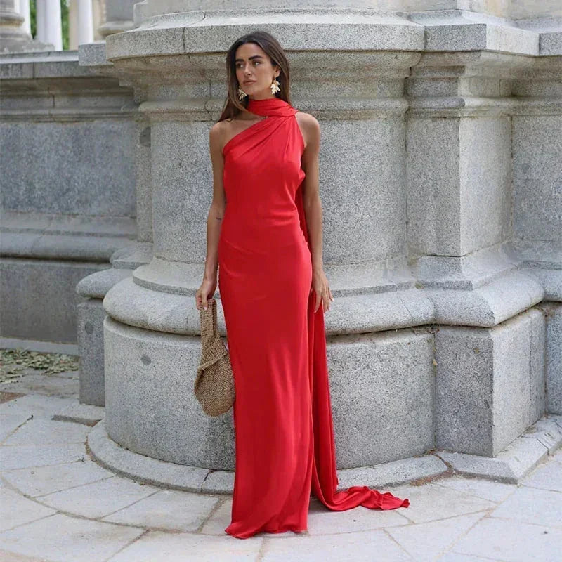 Juna Satin Maxi Dress with One-Shoulder Scarf Drape - Red