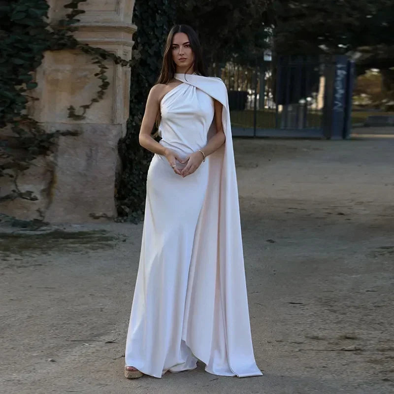 Juna Satin Maxi Dress with One-Shoulder Scarf Drape - White