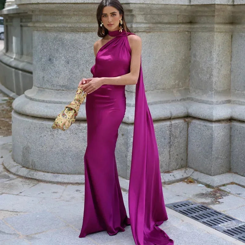Juna Satin Maxi Dress with One-Shoulder Scarf Drape - Purple